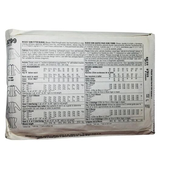 Vintage 1980s Simplicity Sewing Pattern 8299 Misses Blouse Size 12-16 Uncut - Picture 2 of 2